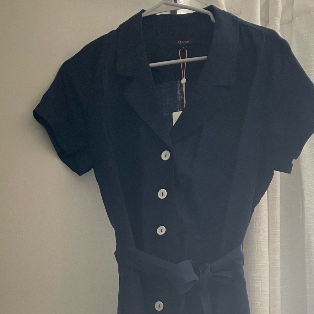 Quince Navy Button-Front Shirt Dress